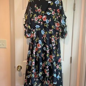 Emma & Michele Black Dress with Floral Accents and “Ruffled” Sleeves, Size 14